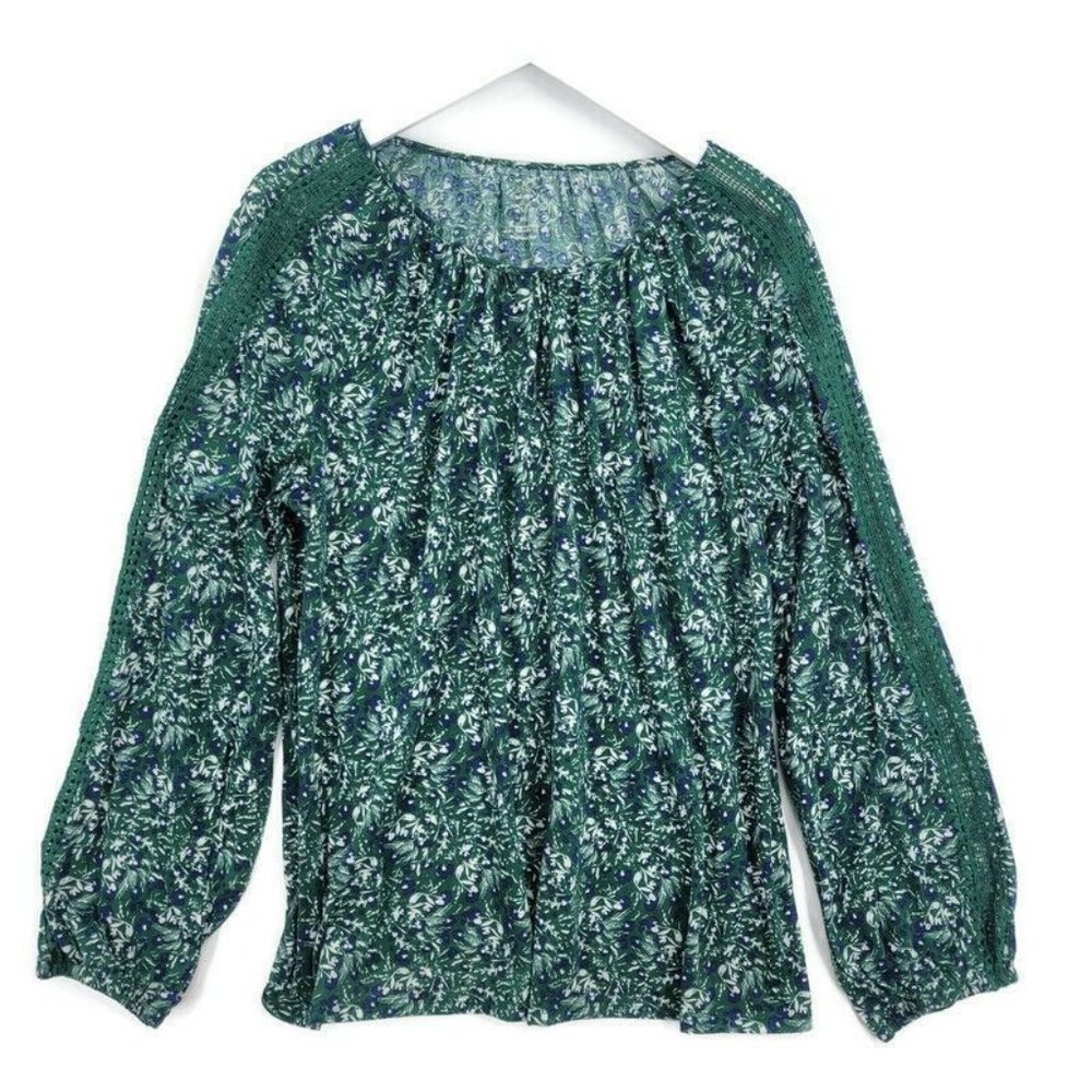 St. John's Bay Green Shirt Blouse Basic Floral Puff Billow Sleeve Eyelet Keyhole